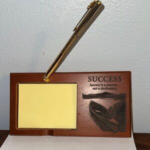 Vintage Lasercraft Carved Wood Success Pen & Note Holder with Yellow Notes